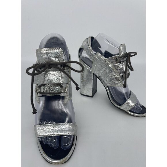 Proenza Schouler Sandals Silver Metallic Woven Leather Size 36 Open Toe Heels - Picture 4 of 6